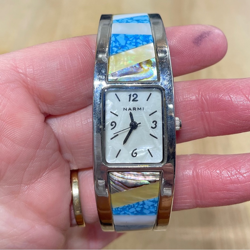 Narmi Women's Silver Inlay Bangle Watch with Blue and Cream Accents